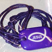 Кулон Рыбка — Jesus (прямоугольник, пластик) (цвет: фиолет., розов., голуб., коричн., красн)