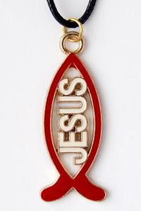 Кулон металлический на шнурке красная рыбка с надписью Jesus