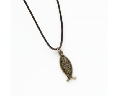 Кулон металлический на шнурке миниатюрный под бронзу «Рыбка Jesus»