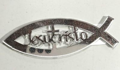 Наклейка объемная Рыбка пластик, ажурная c надписью «Jesucristo» и крестом, серебряная (11Х3,5 см)