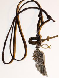 Кулон Крыло, крестик, рыбка, два кольца, металл под бронзу на кож. шнурке