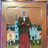 Икона Ксении Петербургской, блаженной (ростовая) со Смоленским храмом. На дереве 125Х160 (Синопсисъ)
