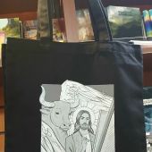 Сумка-шопер холщовая черная «Апостол Лука» (с тельцом). 34х40 см, ручки 30 см (Андрианова)