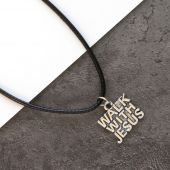Кулон металлический на шнурке под серебро «Walk with Jesus» (Хожу с Иисусом)